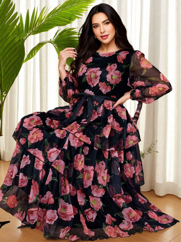 Duga A-linijska suknja s floralnim uzorkom, poliester, retro stil