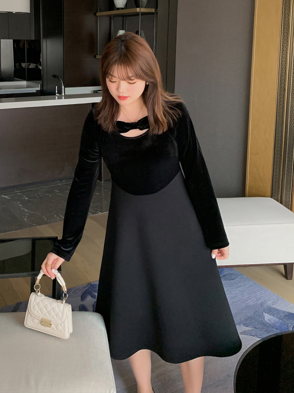 Rochie din catifea cu patchwork și funda, croială în A, decolteu rotund, mâneci lungi, primăvara 2025