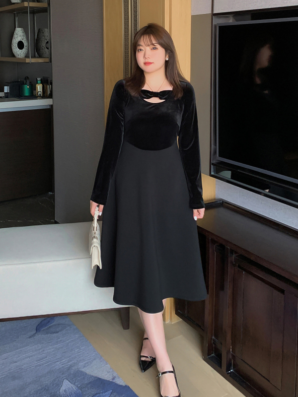 Rochie din catifea cu patchwork și funda, croială în A, decolteu rotund, mâneci lungi, primăvara 2025