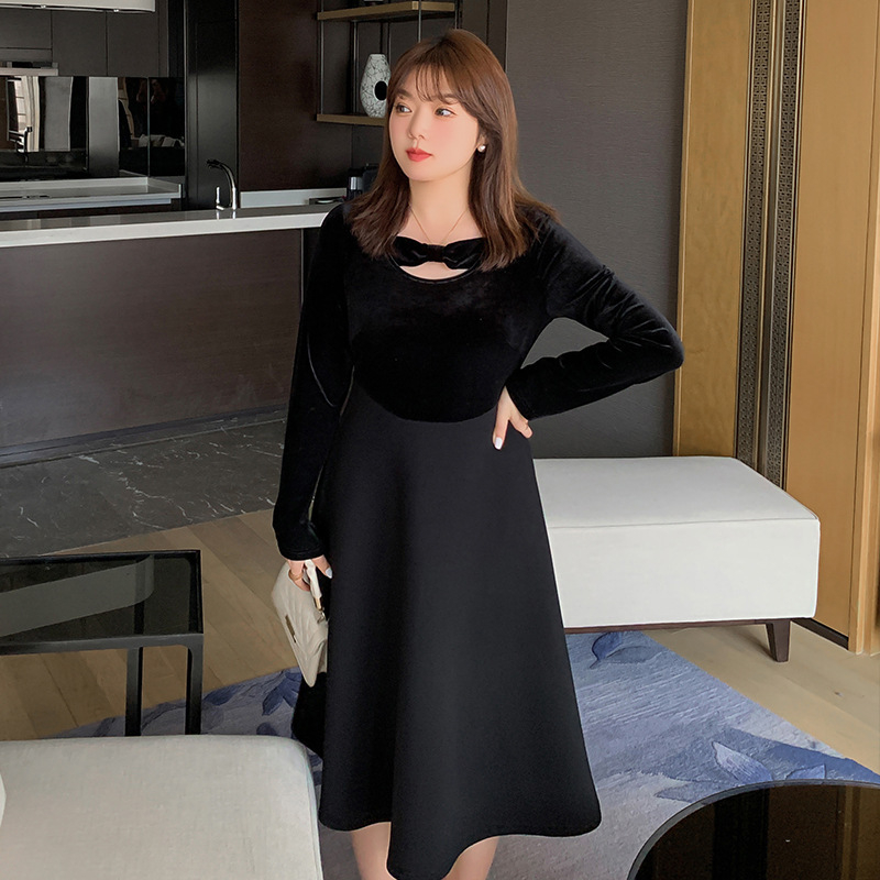 Rochie din catifea cu patchwork și funda, croială în A, decolteu rotund, mâneci lungi, primăvara 2025