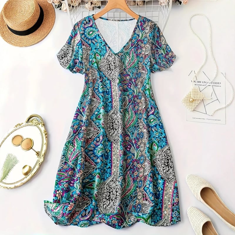 Γυναικείο midi φόρεμα με V-λαιμό, εκτύπωση πολυεστέρα, 3/4 μανίκια