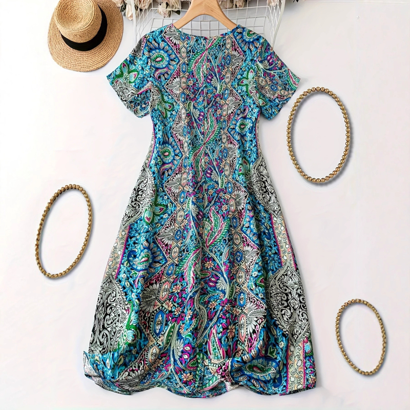 Γυναικείο midi φόρεμα με V-λαιμό, εκτύπωση πολυεστέρα, 3/4 μανίκια