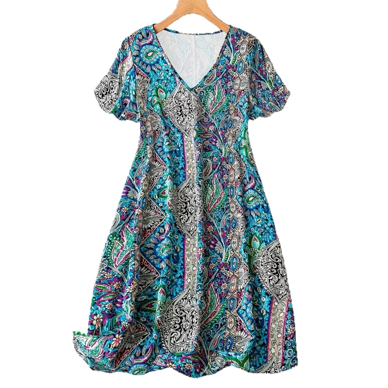 Γυναικείο midi φόρεμα με V-λαιμό, εκτύπωση πολυεστέρα, 3/4 μανίκια