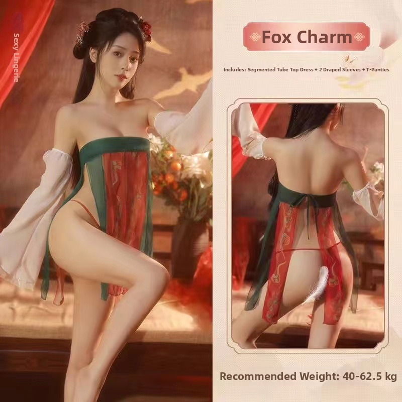 Nėrinių apatinių komplektas su Tang stilia spauda, Hanfu įkvėptas, plonas poliesterio audinys, 70-80% poliesterio