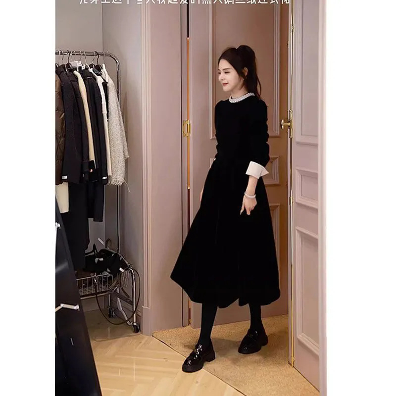 Ženska haljina inspirirana Hepburn stilom, retro francuski stil, A-linija, polo ovratnik, duge rukave, srednja duljina