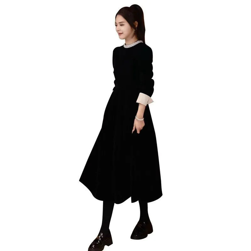 Ženska haljina inspirirana Hepburn stilom, retro francuski stil, A-linija, polo ovratnik, duge rukave, srednja duljina