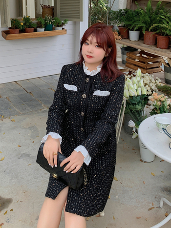Plus-size ženska haljina od tweeda s houndstooth uzorkom, stojeći ovratnik, dugi rukavi, A-linija midi duljine, elegantan francuski stil
