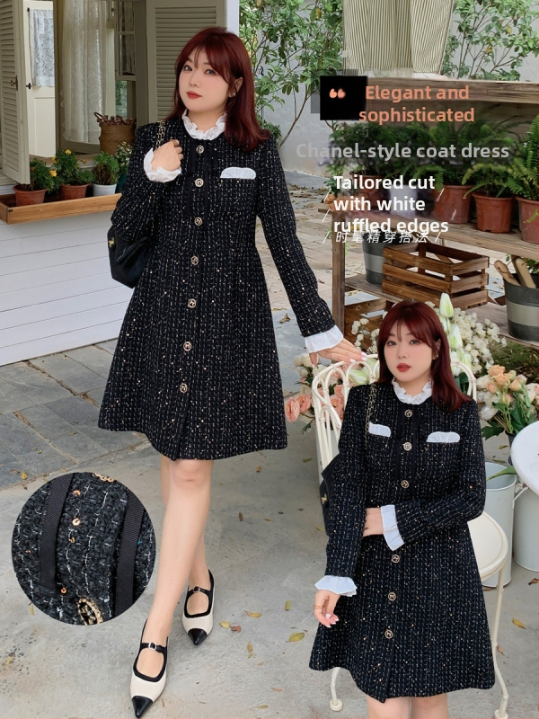 Plus-size ženska haljina od tweeda s houndstooth uzorkom, stojeći ovratnik, dugi rukavi, A-linija midi duljine, elegantan francuski stil