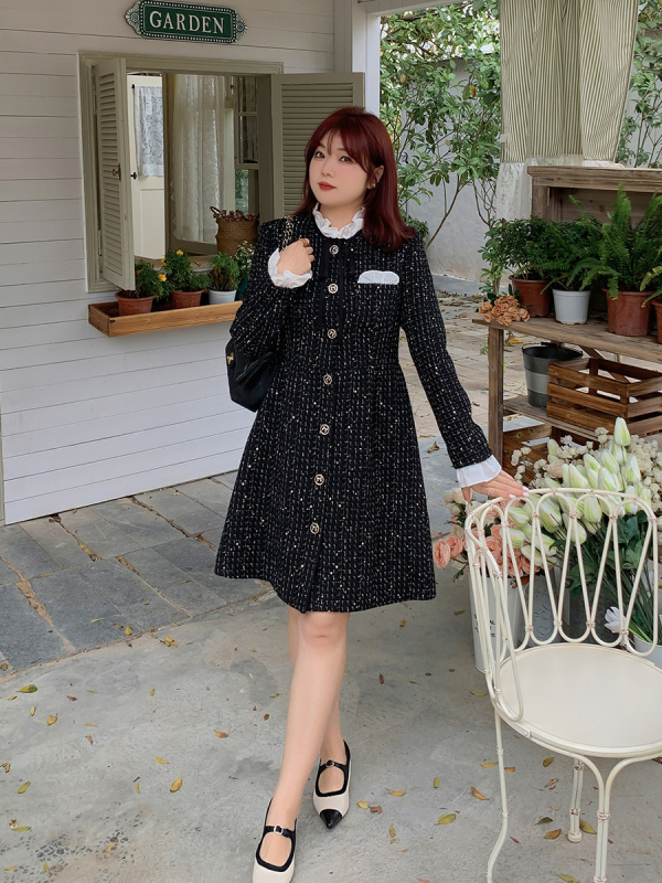 Plus-size ženska haljina od tweeda s houndstooth uzorkom, stojeći ovratnik, dugi rukavi, A-linija midi duljine, elegantan francuski stil