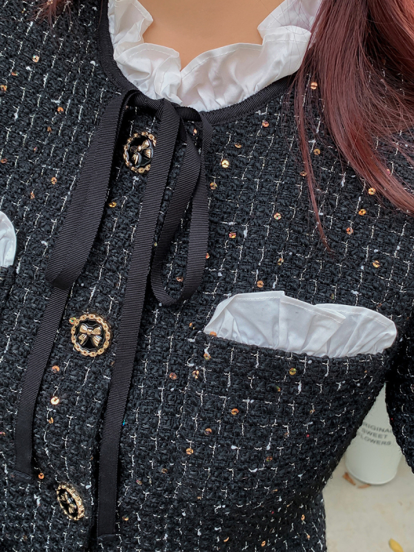 Plus-size ženska haljina od tweeda s houndstooth uzorkom, stojeći ovratnik, dugi rukavi, A-linija midi duljine, elegantan francuski stil