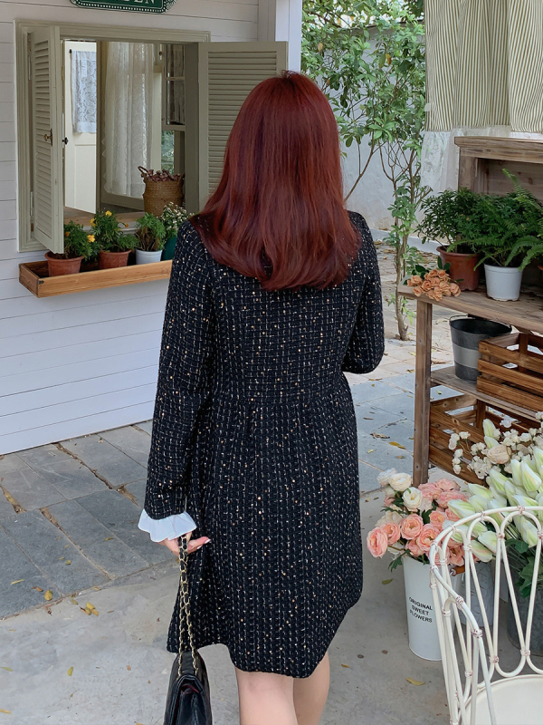 Plus-size ženska haljina od tweeda s houndstooth uzorkom, stojeći ovratnik, dugi rukavi, A-linija midi duljine, elegantan francuski stil