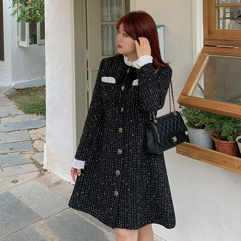 Plus-size ženska haljina od tweeda s houndstooth uzorkom, stojeći ovratnik, dugi rukavi, A-linija midi duljine, elegantan francuski stil