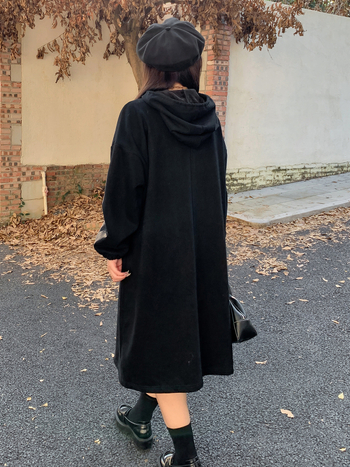 Haljina-suknja s kapuljom, raglan rukavi, srednja duljina, casual stil, japansko-korejski ležerni stil, tkanina pamuk-poliester s ultra-mekom površinom