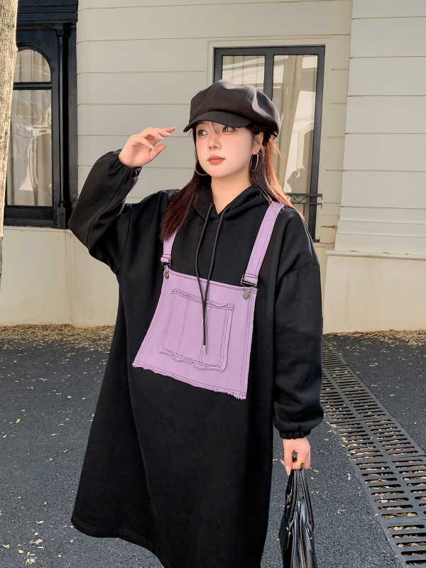 Haljina-suknja s kapuljom, raglan rukavi, srednja duljina, casual stil, japansko-korejski ležerni stil, tkanina pamuk-poliester s ultra-mekom površinom