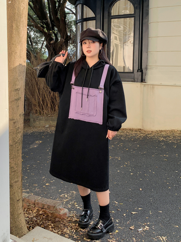 Haljina-suknja s kapuljom, raglan rukavi, srednja duljina, casual stil, japansko-korejski ležerni stil, tkanina pamuk-poliester s ultra-mekom površinom