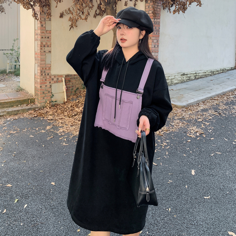 Haljina-suknja s kapuljom, raglan rukavi, srednja duljina, casual stil, japansko-korejski ležerni stil, tkanina pamuk-poliester s ultra-mekom površinom