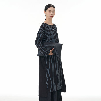 Rochie din bumbac cu imprimeu romb, mâneci lungi, guler rotund, lungime medie, siluetă în formă A