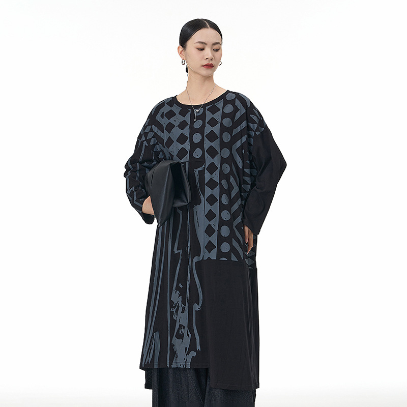 Rochie din bumbac cu imprimeu romb, mâneci lungi, guler rotund, lungime medie, siluetă în formă A