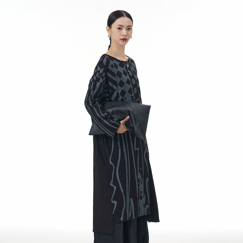 Rochie din bumbac cu imprimeu romb, mâneci lungi, guler rotund, lungime medie, siluetă în formă A