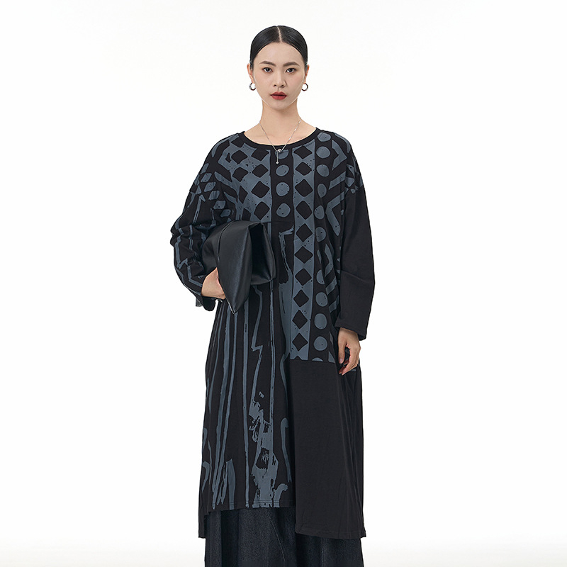 Rochie din bumbac cu imprimeu romb, mâneci lungi, guler rotund, lungime medie, siluetă în formă A