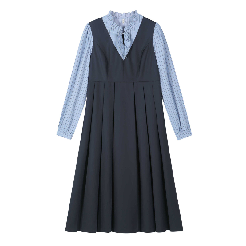 Jesenska plisirana haljina koja vizualno sužava siluetu, lažni dvodijelni dojam, plus veličina, ženska, preppy stil, 66056