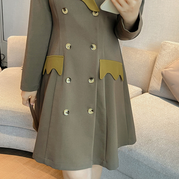 Plus veličine haljina za proleće i jesen, retro dvostruki kopčanje i ovratnik s cvjetnim detaljem, A-linija, midi duljine, dugi rukavi, jednobojna, koreanski velur, poliester, K1772