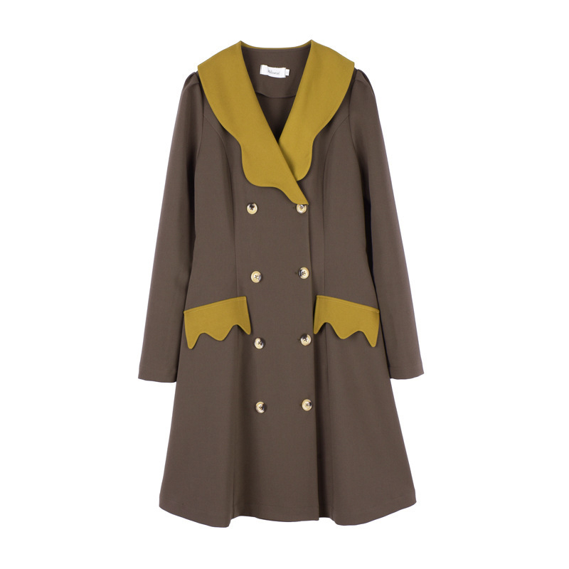 Plus veličine haljina za proleće i jesen, retro dvostruki kopčanje i ovratnik s cvjetnim detaljem, A-linija, midi duljine, dugi rukavi, jednobojna, koreanski velur, poliester, K1772
