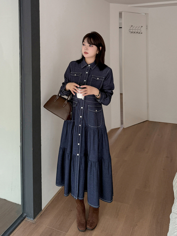 K3146 Ženska denim haljina-košulja s ovratnikom, duga rukava, A‑linija, minimalistički japansko‑korejski stil