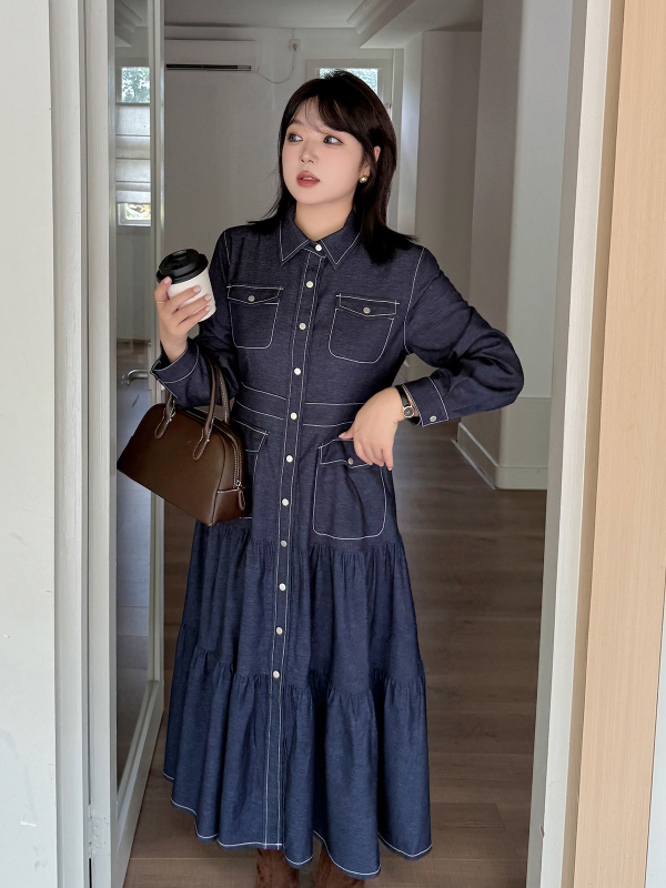 K3146 Ženska denim haljina-košulja s ovratnikom, duga rukava, A‑linija, minimalistički japansko‑korejski stil
