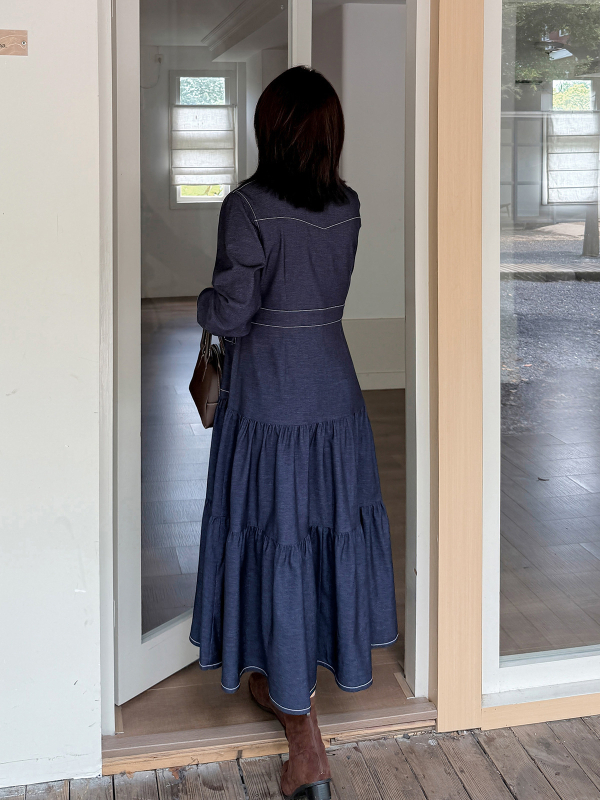K3146 Ženska denim haljina-košulja s ovratnikom, duga rukava, A‑linija, minimalistički japansko‑korejski stil