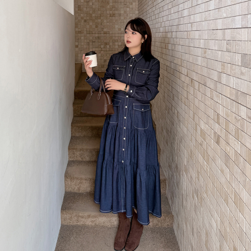 K3146 Ženska denim haljina-košulja s ovratnikom, duga rukava, A‑linija, minimalistički japansko‑korejski stil
