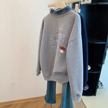 Ženski džins patchwork hoodie sweatshirt, širok kroj, s kapuljom, izgled kao dva dijela, proljeće–jesen–zima