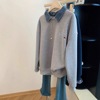 Ženski džins patchwork hoodie sweatshirt, širok kroj, s kapuljom, izgled kao dva dijela, proljeće–jesen–zima