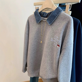 Ženski džins patchwork hoodie sweatshirt, širok kroj, s kapuljom, izgled kao dva dijela, proljeće–jesen–zima