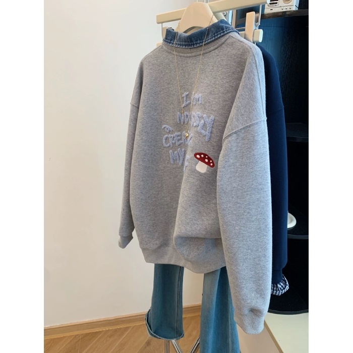 Ženski džins patchwork hoodie sweatshirt, širok kroj, s kapuljom, izgled kao dva dijela, proljeće–jesen–zima