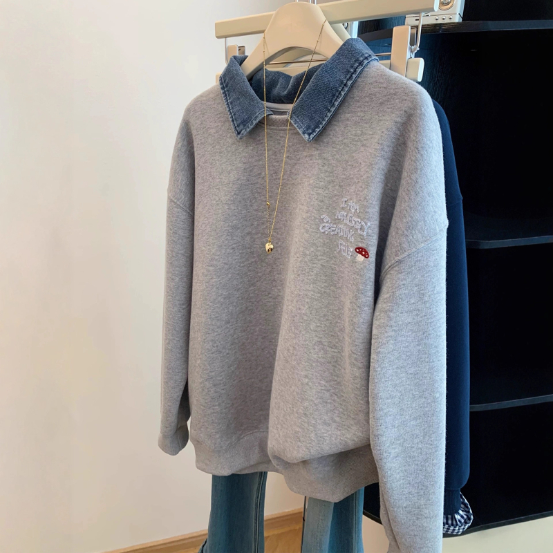 Ženski džins patchwork hoodie sweatshirt, širok kroj, s kapuljom, izgled kao dva dijela, proljeće–jesen–zima