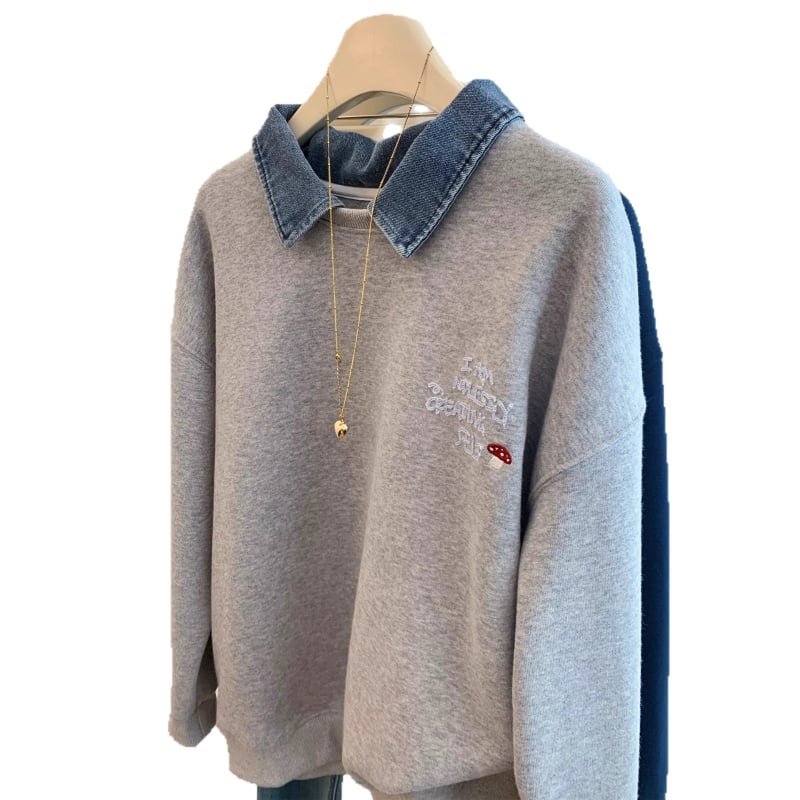 Ženski džins patchwork hoodie sweatshirt, širok kroj, s kapuljom, izgled kao dva dijela, proljeće–jesen–zima