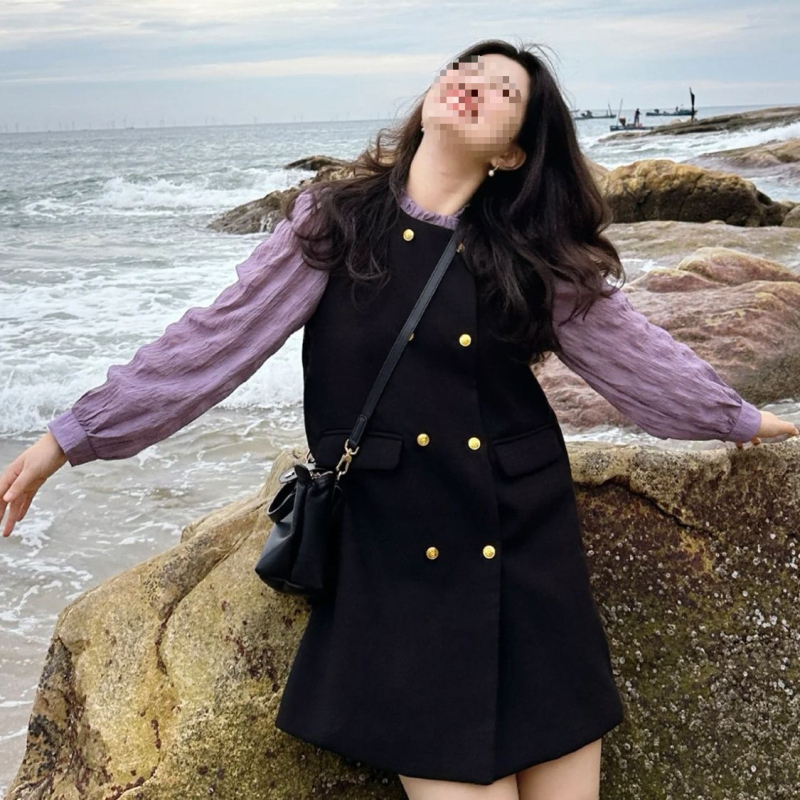 Рокля с дълги ръкави в patchwork стил, френски стил, винтидж шик силует, овча вълна с PVC като основна тъкан, пролет 2025 издание