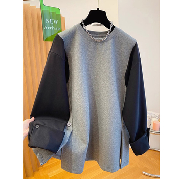 Ženski dukserica s kapuljom i okruglim izrezom, patchwork dizajn, mješavina poliestera i pamuka, srednja duljina, dugi rukavi, japansko-korejski casual stil, proljeće 2025