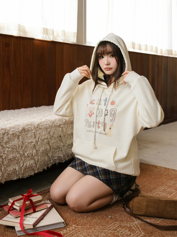 Korejskog stila hoodie s fleis podstavom, kapuljačom i zabavnim otiskom, plus veličina, ženski udoban zimski top 66111