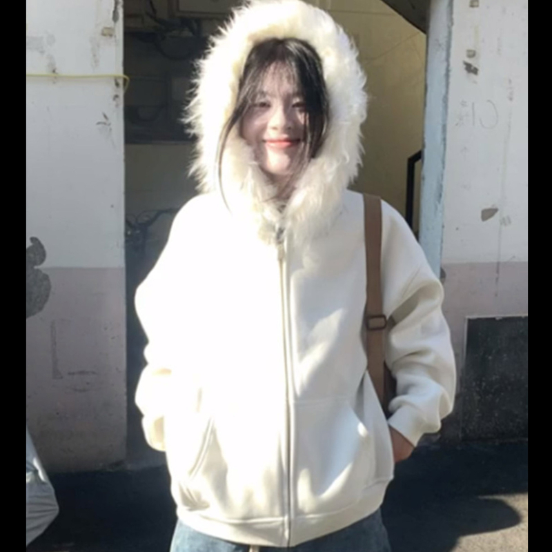 Ženski plus size retro kardigan s kapuljom i zatvaračem, bijeli ovratnik od umjetnoga krzna, topao fleec za jesen/zimu