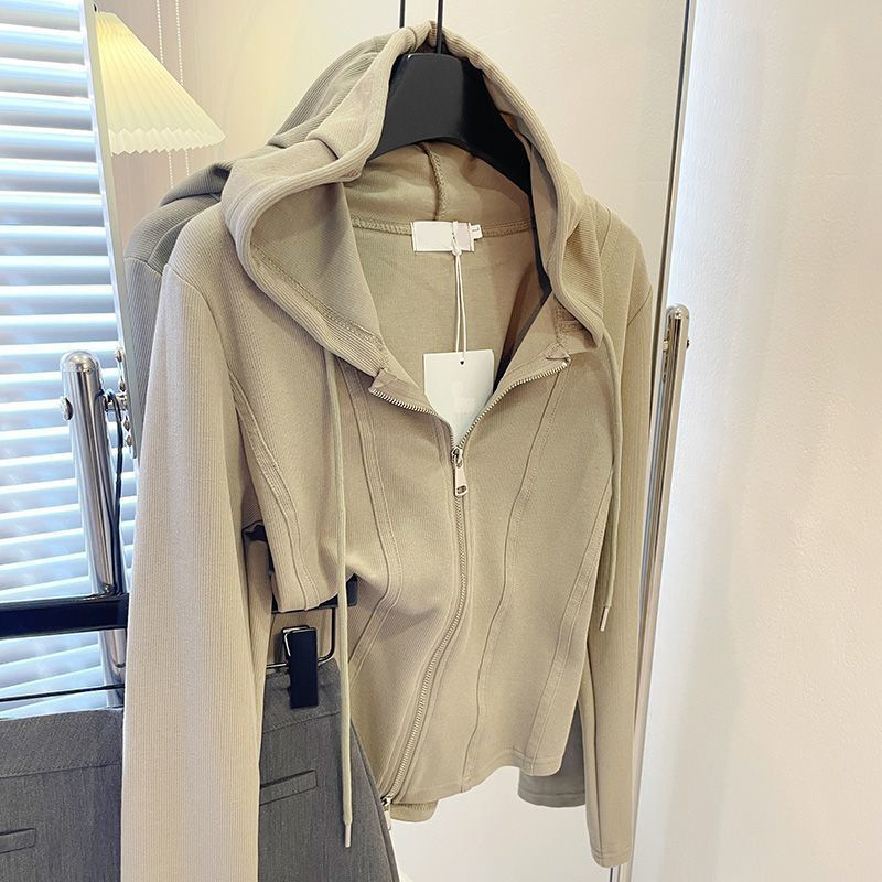 Ženski hoodie jakna s kapuljom i zatvaračem, kratki kroj, dugi rukavi, poliester, jesen 2024