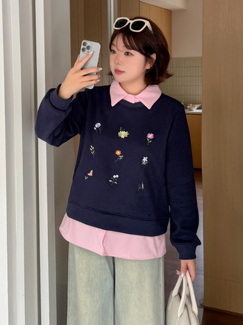 Ženska dukserica s kapuljačom i lažnim dvodijelnim dizajnom s izšivanjem, zima 2025, fleec mješavina pamuka i poliestera (50–70% pamuka, 30–50% poliestera), debeli materijal, polo ovratnik