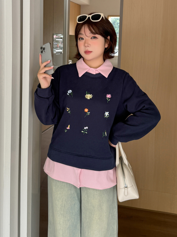 Ženska dukserica s kapuljačom i lažnim dvodijelnim dizajnom s izšivanjem, zima 2025, fleec mješavina pamuka i poliestera (50–70% pamuka, 30–50% poliestera), debeli materijal, polo ovratnik