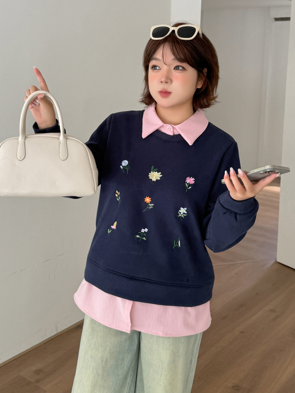 Ženska dukserica s kapuljačom i lažnim dvodijelnim dizajnom s izšivanjem, zima 2025, fleec mješavina pamuka i poliestera (50–70% pamuka, 30–50% poliestera), debeli materijal, polo ovratnik