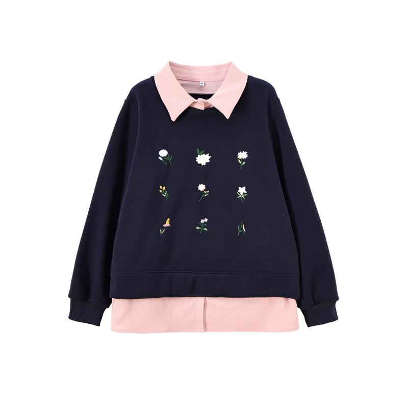 Ženska dukserica s kapuljačom i lažnim dvodijelnim dizajnom s izšivanjem, zima 2025, fleec mješavina pamuka i poliestera (50–70% pamuka, 30–50% poliestera), debeli materijal, polo ovratnik