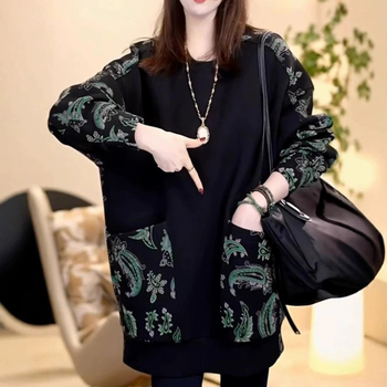 Printana dugačka mikina s dugim rukavima - cvjetni uzorak, lagani poliester, okrugli izrez, srednja duljina, japansko-korejski ležerni stil, jesen 2025