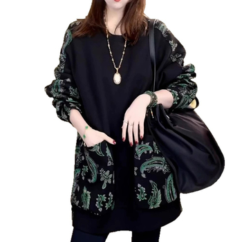 Printana dugačka mikina s dugim rukavima - cvjetni uzorak, lagani poliester, okrugli izrez, srednja duljina, japansko-korejski ležerni stil, jesen 2025