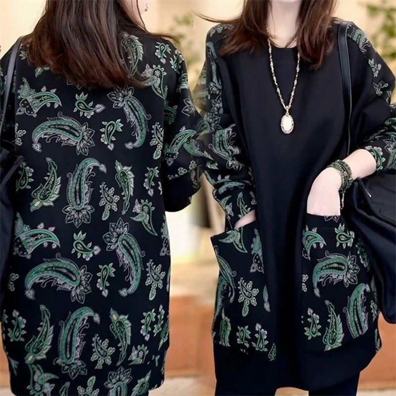 Printana dugačka mikina s dugim rukavima - cvjetni uzorak, lagani poliester, okrugli izrez, srednja duljina, japansko-korejski ležerni stil, jesen 2025