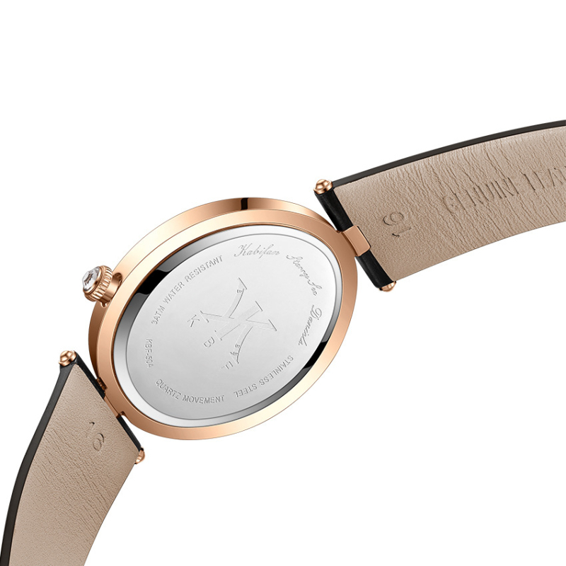 Женски часовник Kabifan – луксозен овален циферблат, кварцов Sd63d45, естествена кожена каишка, водоустойчив 30 m, стоманен корпус